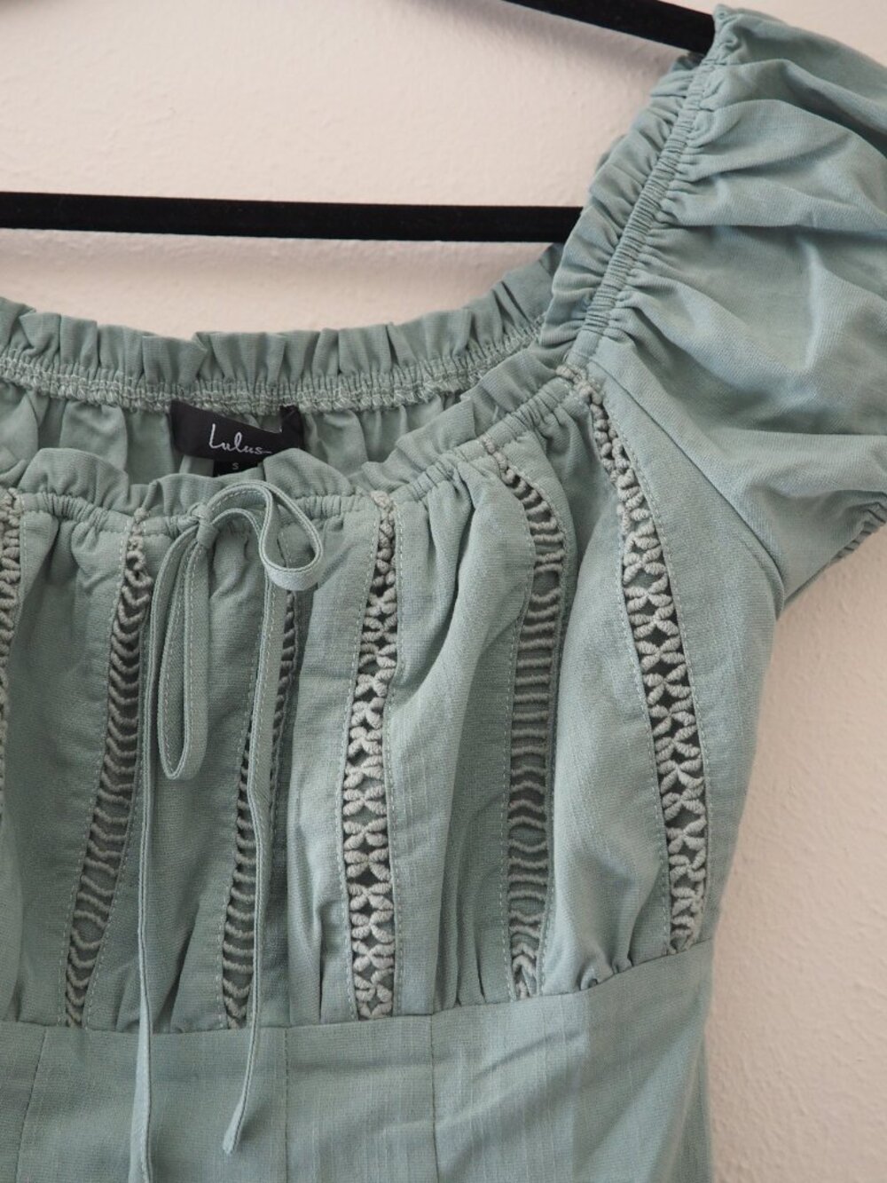 NWT Lulus Wisteria Sage Green Embroidered Off The Shoulder Mini Dress sz S - Picture 7 of 9